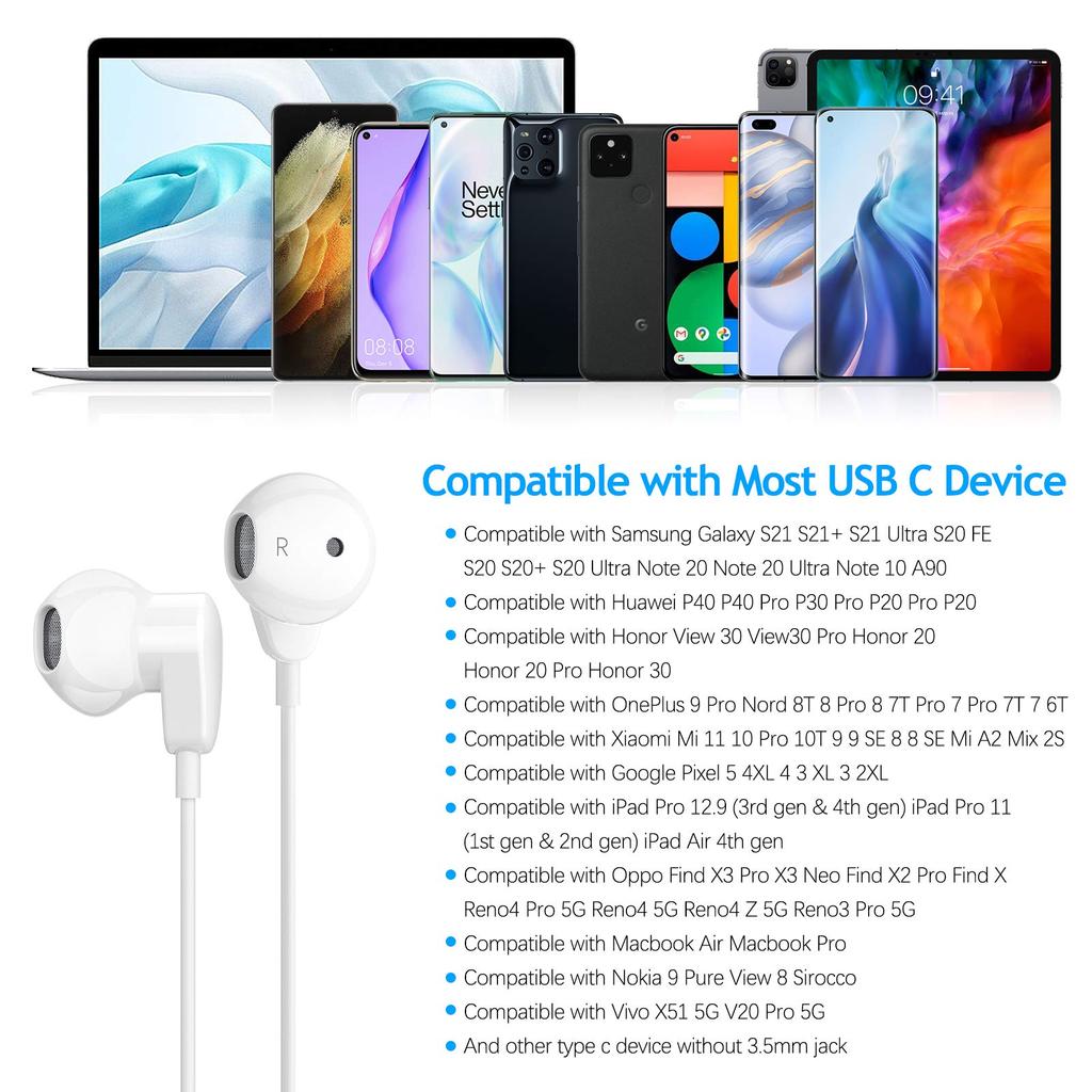 USB Type-C Headphones with Mic for Galaxy A54 A53, Samsung S24 S23 S22, Android Wired Earphones, iPhone 15 16 Pro Max, Noise Cancelling Headset for