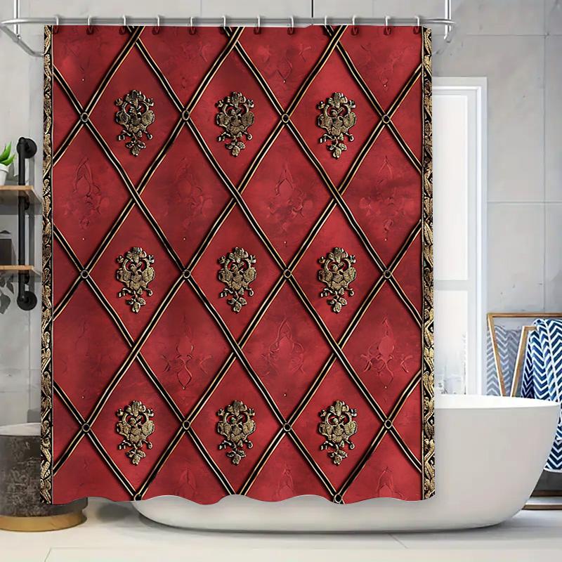 Luxury Bath Curtain with Vintage Metal Embossing Red Waterproof Shower Curtain for Home Decor (180x180cm)