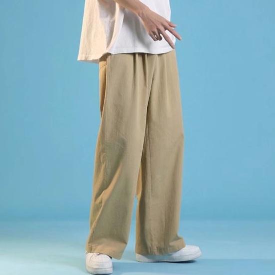 Men Pants Drawstring Elastic Waist Straight Wide Leg Loose Thin Solid Color Streetwear Deep Crotch Long Sports Trousers Casual Sweatpants
