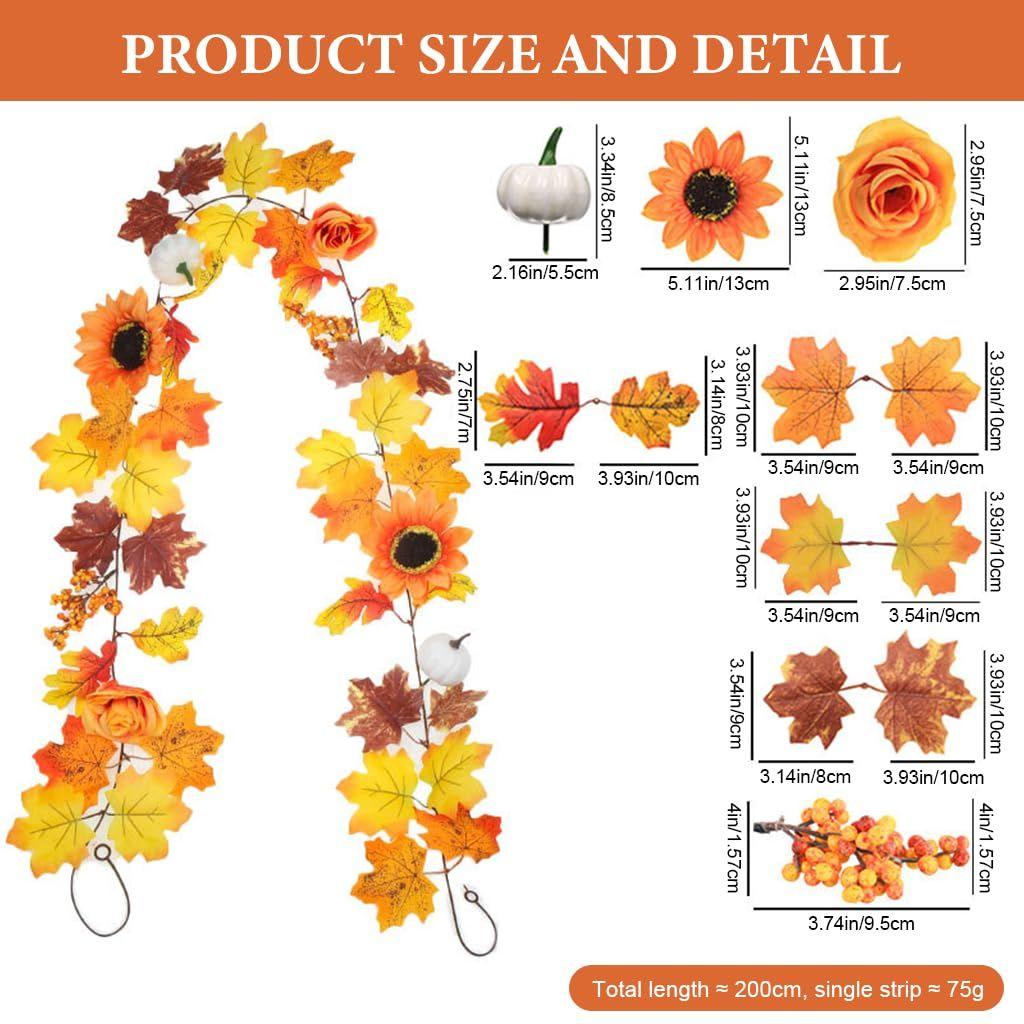 Herbst Ahornblatt Kürbis Girlande mit Beeren, 2M/6.5FT Künstliche Herbstlaub Hänge-Ranke für Zuhause, Thanksgiving, Halloween