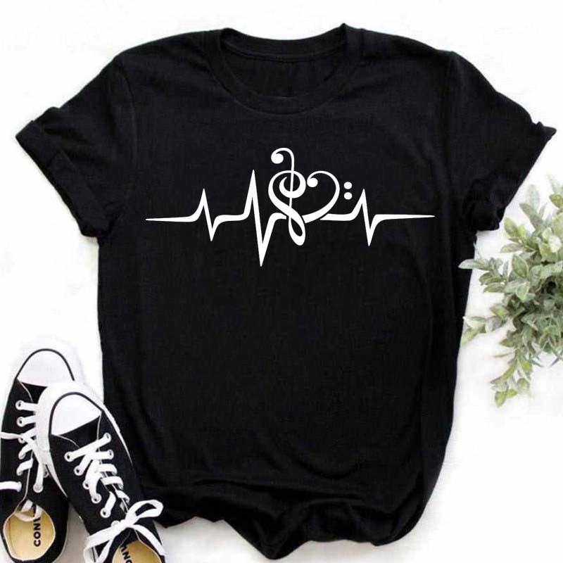 Neues Harajuku Lustiges Musiknoten-Kunst-T-Shirt mit 3D-Print, Damen-T-Shirt, Musik-Tops, kurze Ärmel, schwarzes T-Shirt