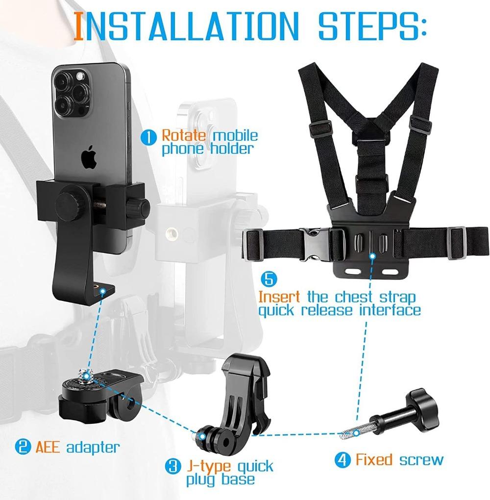 Hands-Free Chest Phone Mount–Adjustable POV Holder for Live Streaming, Sports&Travel Vlog,Secure Clip for iPhone Samsung Huawei