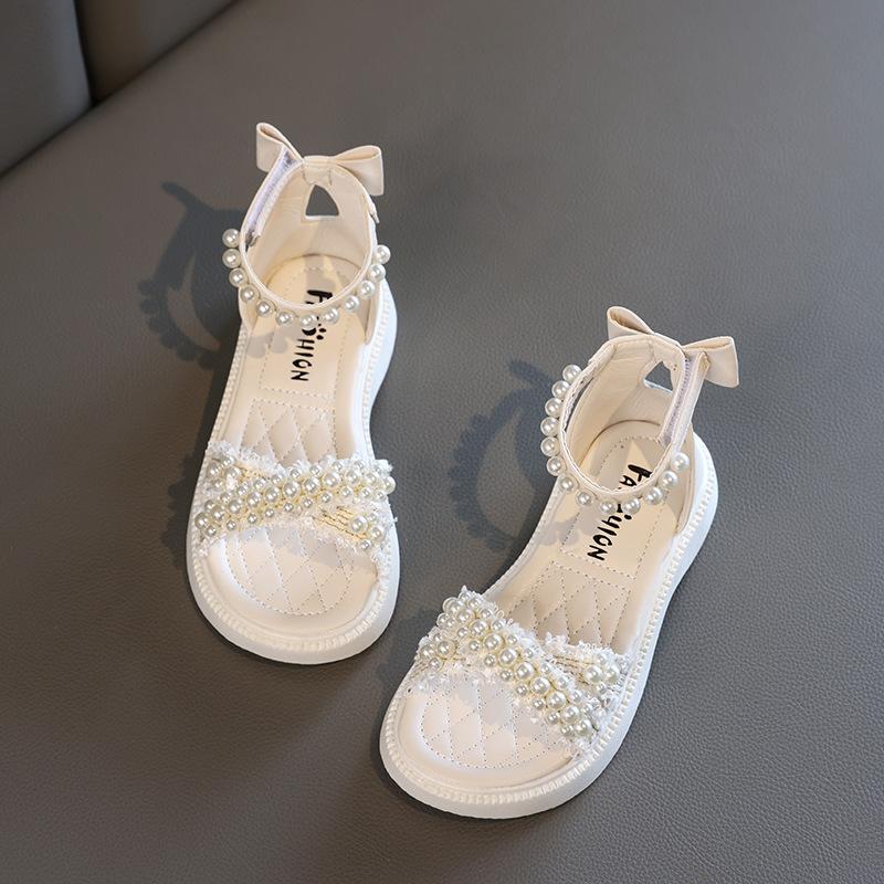 Summer Girls Cross Strap Princess Pearl Shoes Soft Soled Sandal Shoes for Children