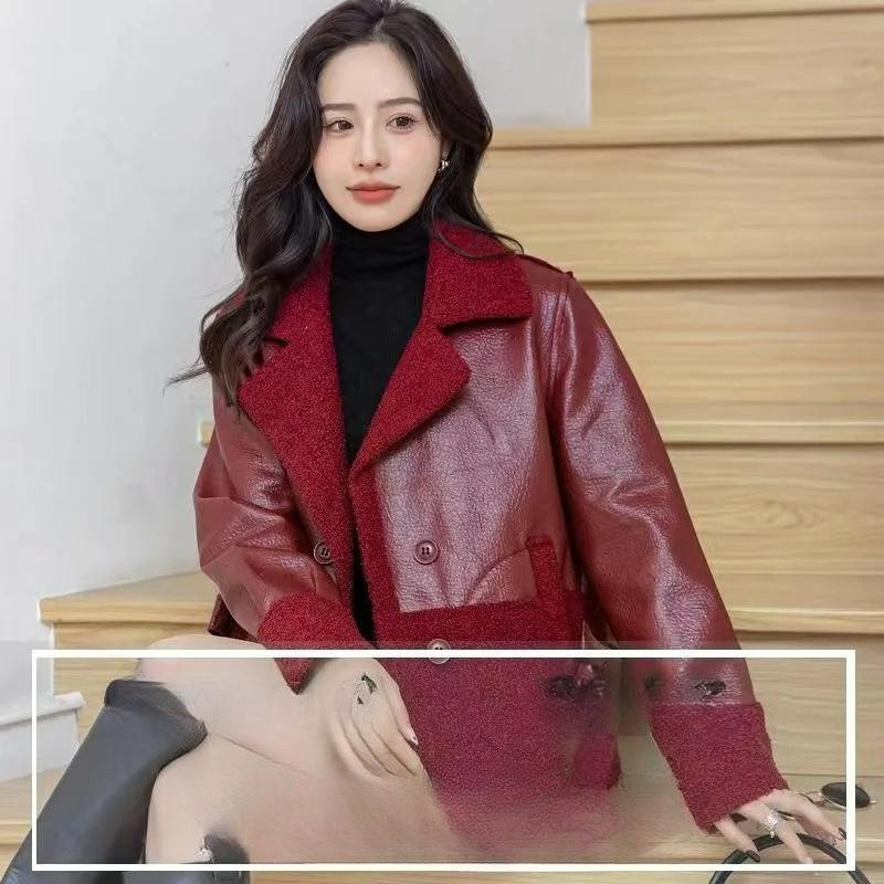 Leder Damen Plus Samt Verdickt Herbst- und Winterkleidung Locker Winter Westernstil Kurze Damenlederjacke beidseitig