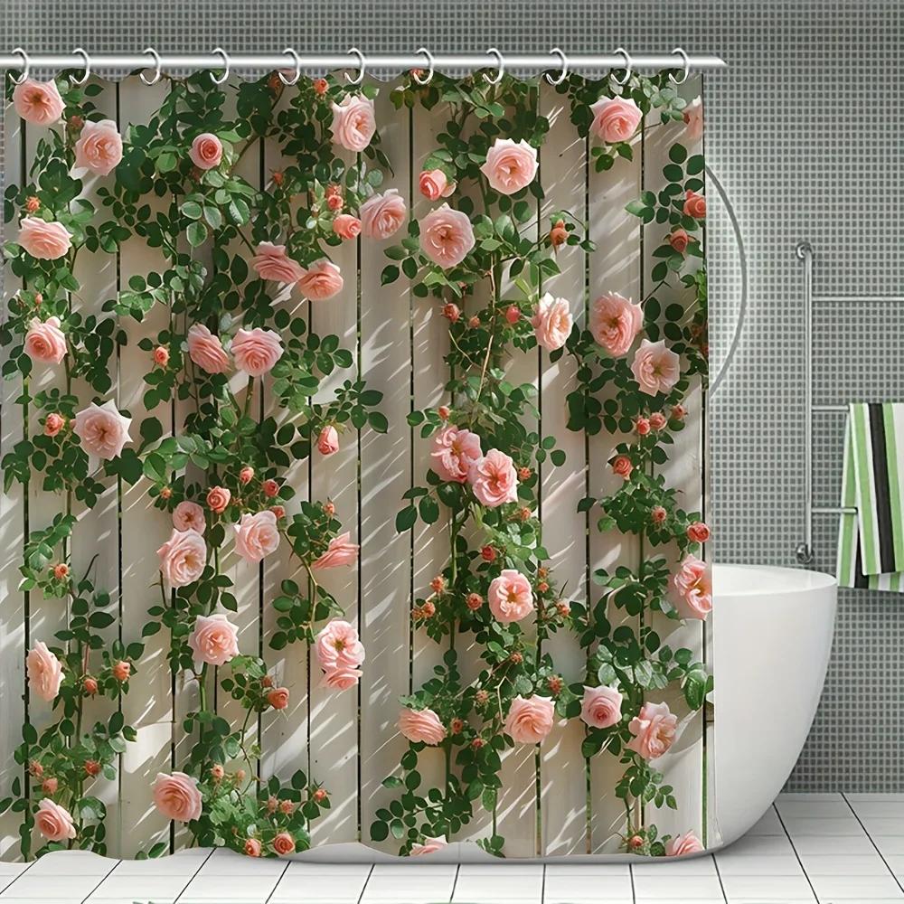 1pc Romantic Floral Shower Curtain with Pink and White Flowers Modern Home Bathroom Decorative Shower Curtain
