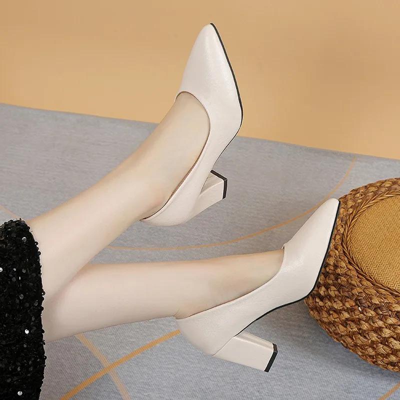 2024 Brand Shoes for Women Slip On Women's High Heels Concise Office & Career Pumps Women Pointed Toe Chunky Heels Shoes Ladies