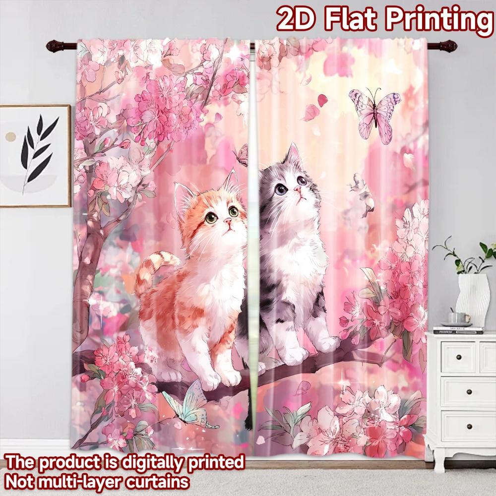 2D Flat Printing 2pcs Curtain Curtain Spring Cats and Blossoms Digital Printed Polyester Drapes Family Party Decoration Perfect