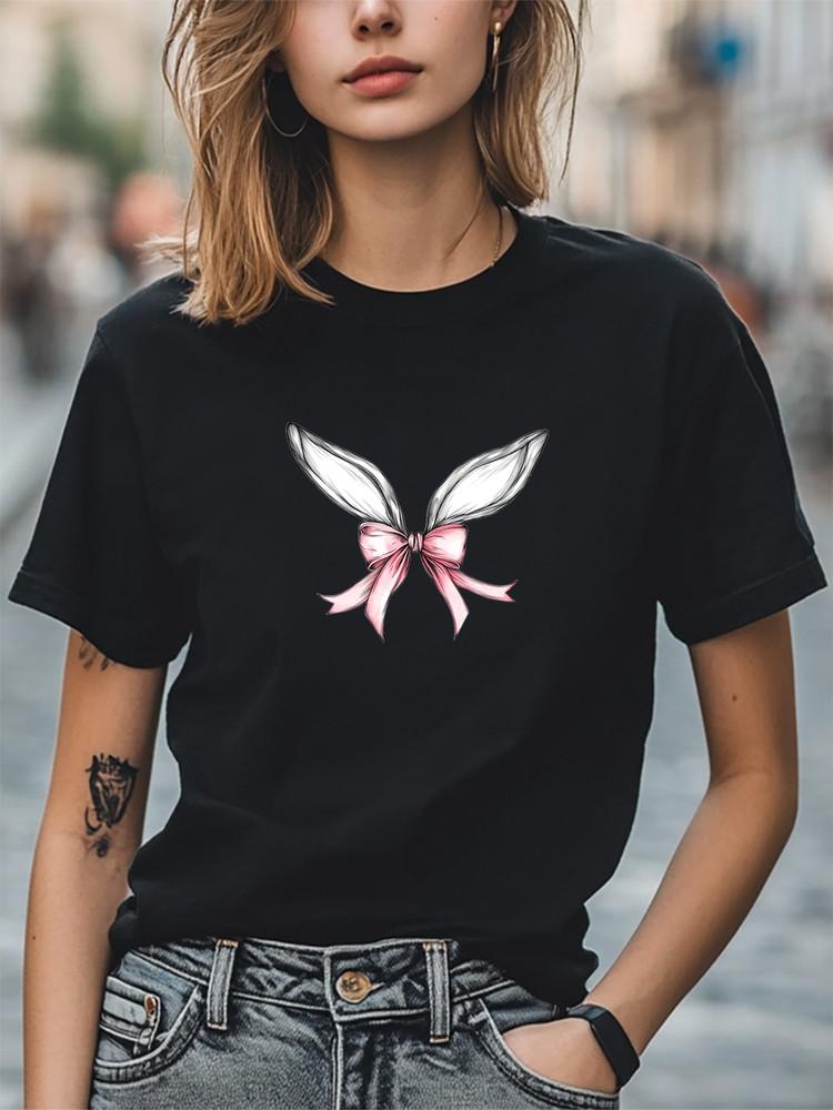 Bunny Ears with Pink Bow Graphic Women T-Shirt Trendy Tee Fashion Casual T-shirt Unisex T-Shirt