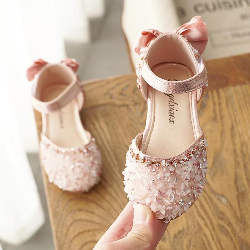 Mädchen Süße Prinzessin Schuhe 2024 Sommer Neu Kristall Weiche Sohle Halbsandalen mit Rückenknoten Kinder Lederschuhe für Party Hochzeit