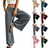 Women Casual Linen Cotton Wide Leg Pants Elastic Waist Drawstring Relaxed Fit Straight Leg Trousers with Pockets for Everyday Wear