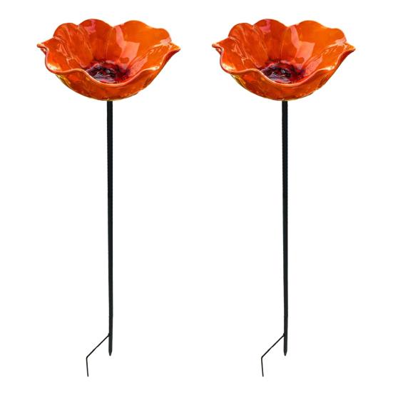 2Pcs Flower Stake Bird Bath Metal Flower Garden Stake Outdoor Bird Bath Pollinator Water Feeder for Hummingbird Butterfly Bee Yard Patio Decor