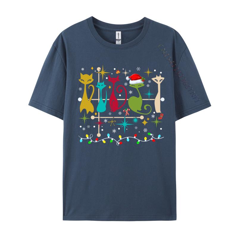 Mid Century Modern Look Cats Christmas Retro 50s 60s Xmas TShirt Casual Short Sleeve All Cotton Round Collar Unisex TShirt