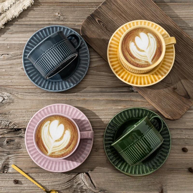 Vintage style coffee cup and set ceramic latte cup relief vertical pattern cup dishwasher microwave oven disinfection cabinet