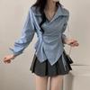 Korean Design Striped Slim-Fit Irregular Waist Long-Sleeve Shirt