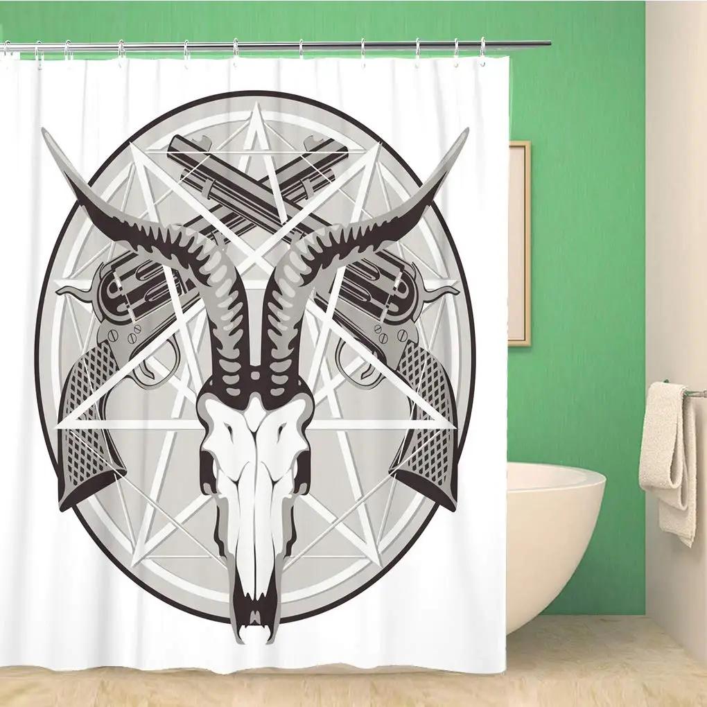Shower Curtain Pentagram with Demon Baphomet Satanic Goat Head Binary Symbol Tattoo Waterproof Bathroom Curtains Set with Hooks
