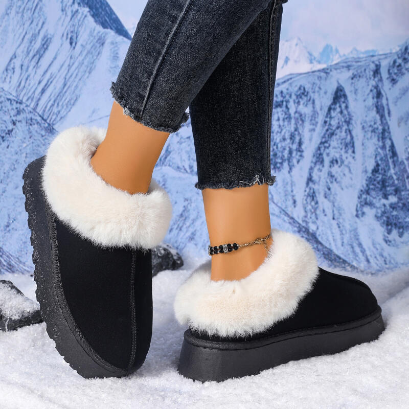 Tykk bunn Pelskledne snøstøvler Dame 2025 Vinter Myke Chunky Plattform Fluffy Pels Ankelstøvletter Varm Korte Plysj Semsket Skinn Fritidssko