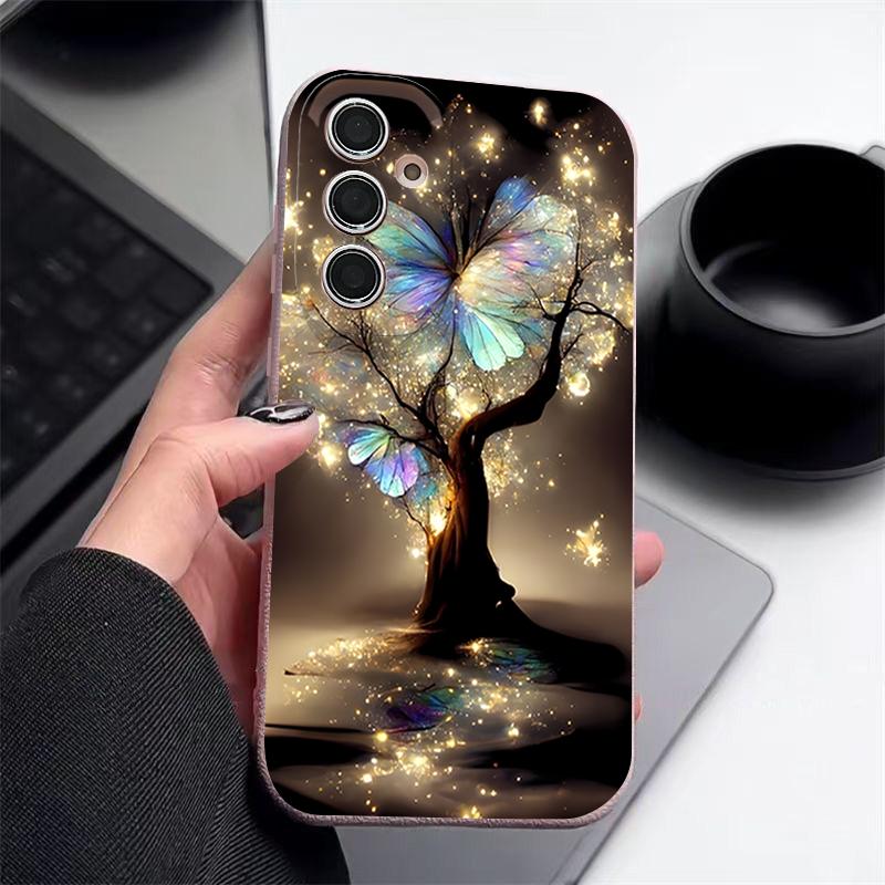 Shining Fantasy Tree Butterfly Pattern Case For Samsung Galaxy A57 A37 A17 A56 A36 A26 A16 A55 A35 A15 A54 A34 A14 5G Leather Texture Silicone Cover