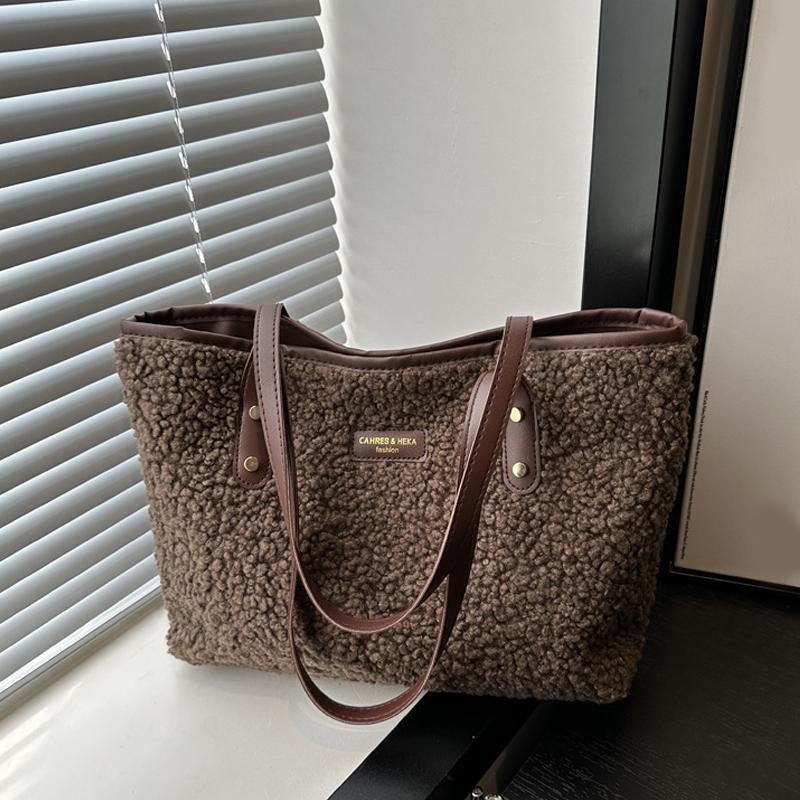 Weiche Handtasche mit großem Fassungsvermögen, Herbst- und Winter-Umhängetasche für Damen aus Lammwolle, mit Reißverschluss, lässiger Einkaufs- und Reisetasche