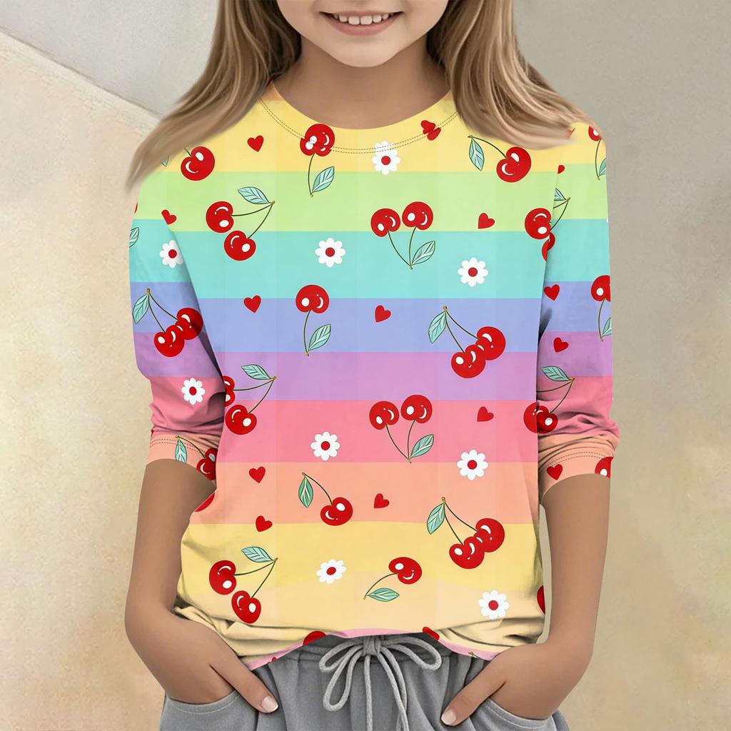 Long Sleeve Crew Neck Girls Top with and Print Striped Pattern Soft Comfortable Casual Shirt