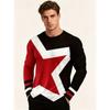 Men's Long-Sleeve T-Shirt, Crew Neck Casual Top with Geometric Red, Black, White Star Prints, Trendy Street Style
