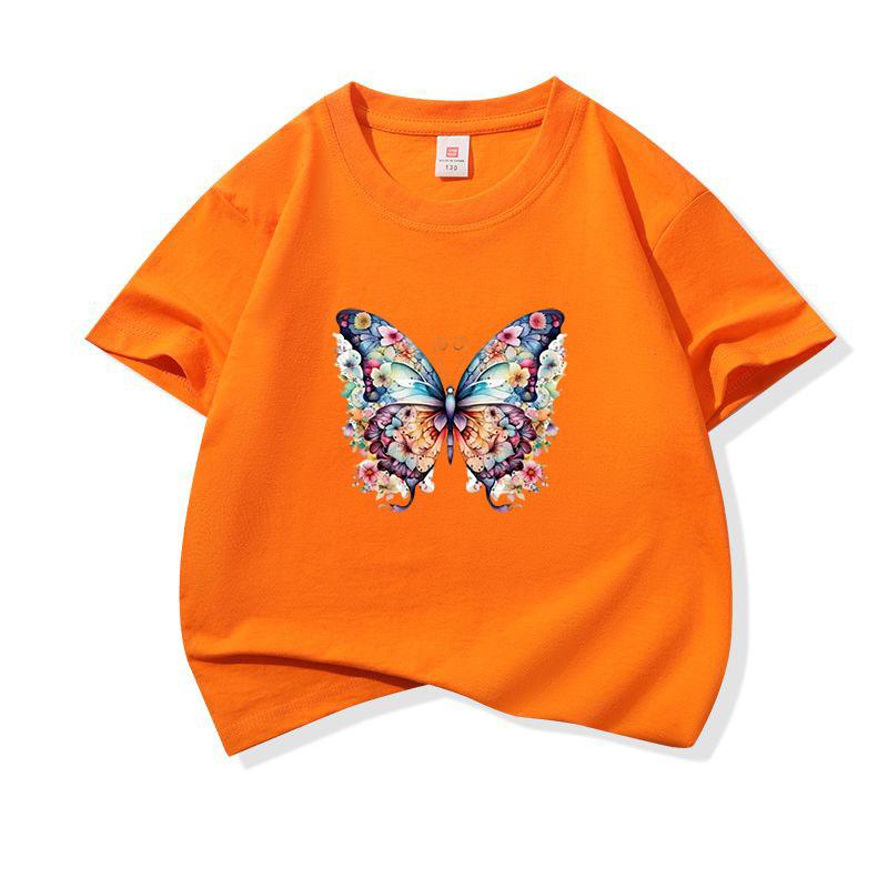 Kids Cotton T Shirt Colorful Floral Pattern Butterfly Print Crew Neck Short Sleeve Tee Casual Boys Girls Summer Tops