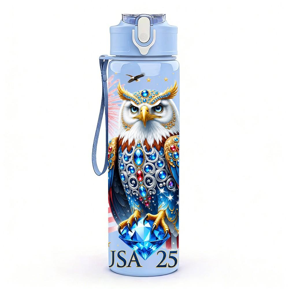 1PC Usa Eagle Owl Patriotic Pattern 750ml Color Plastic Sports Water Bottle Leakproof Flip Straw Lid Suitable for Sports Office Home Use
