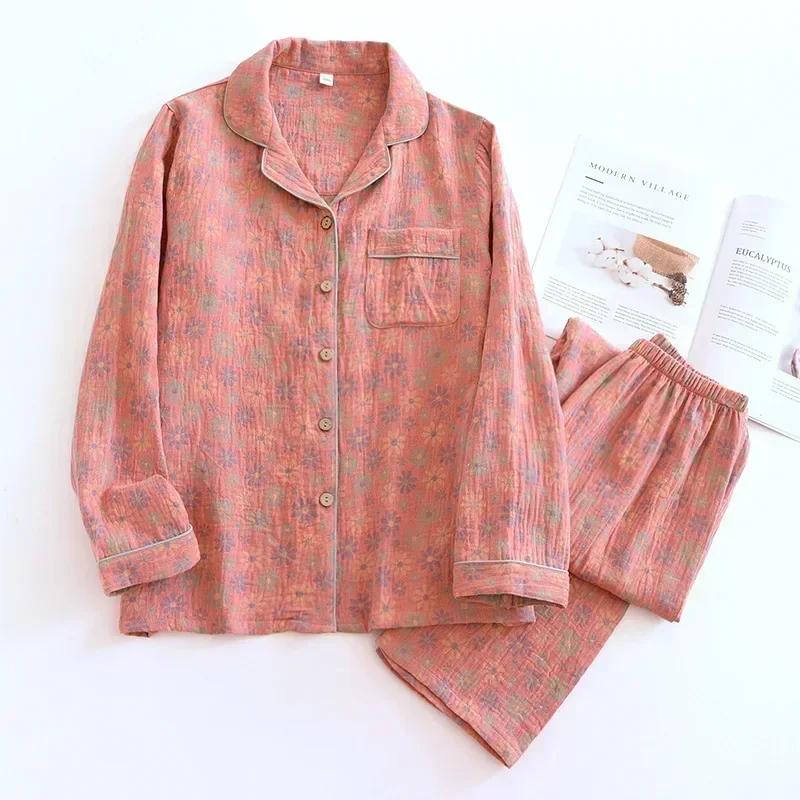 Ny Vår- och Sommar Dam Pyjamas Set Långärmad Byxor Tvådelat 100% Bomull Krepp Blomma Löv Hemmakläder