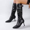 Mode Sexy Schwarze Spitzzehen Kniehohe Stiefel Damen Mode Gürtelschnalle Pfennigabsatz Lange Stiefel Frau PU Leder Hoher Absatz Botas Mujer 42