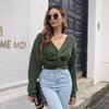 Balloon Sleeve Sweater Women Solid Color Cropped Knotted V Neck Autumn Winter Sizes S To L