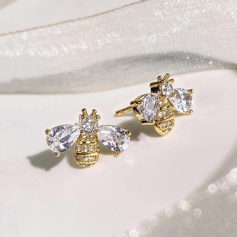 Huitan Cute Gold Color Honey Bee Stud Earrings for Women Dazzling Crystal Cubic Zircon Sweet Girl Animal Earrings Trendy Zircon