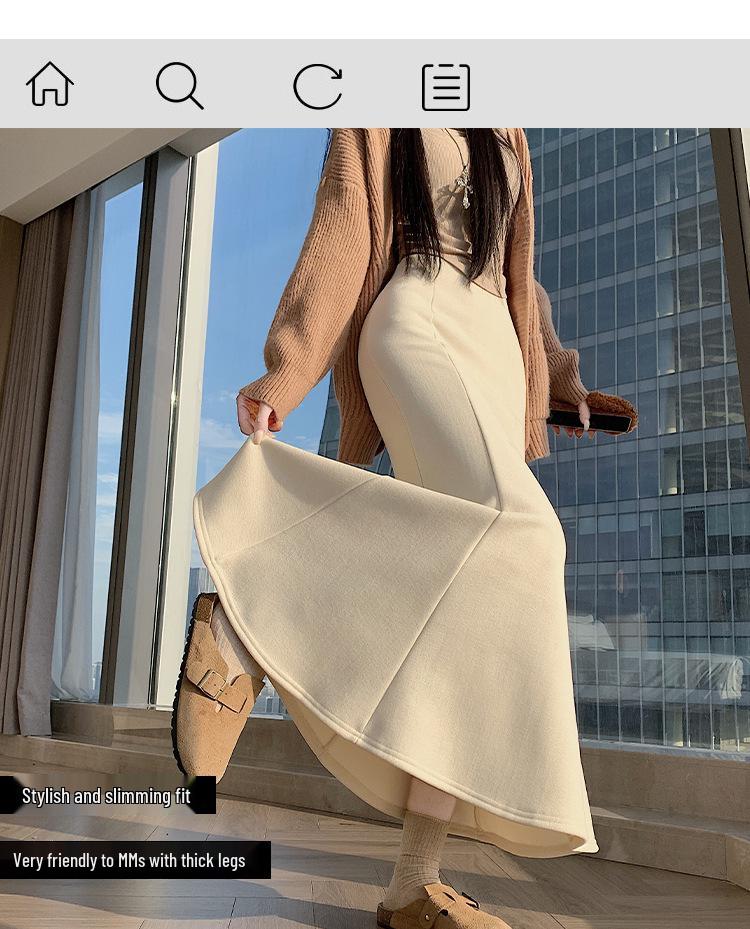 High Waist Woolen Fishtail Skirt - Autumn/Winter 2026, Slimming A-Line Long Skirt for Women.