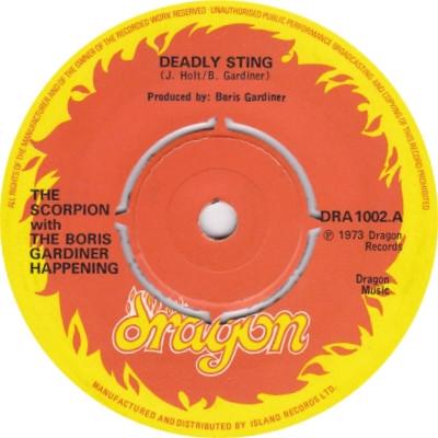 7inch Record SCORPION, THE BORIS GARDINER HAPPEN - Deadly Sting DRA1002 Dragon 1973 UK Reggae, Ska & Dub Used