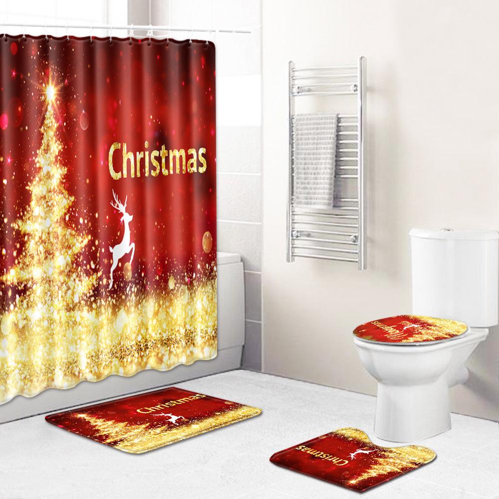 Rideau de douche de salle de bain de Noël Tapis de sol de toilettes Ensemble de quatre pièces Tapis de porte antidérapant pour salle de bain Tapis absorbant pour cuisine et chambre à coucher