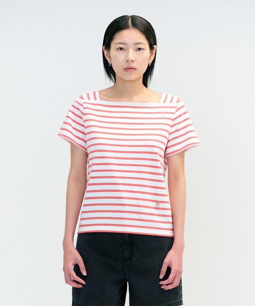 Malittepeulangsowajeobeo W Square Neck Stripe Half Tee Pink
