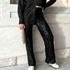 Women Pants Mid-rise Solid Color Sparkling Sequins Casual Trousers Wide Leg Stage Dance Pants Night Club Party Wear