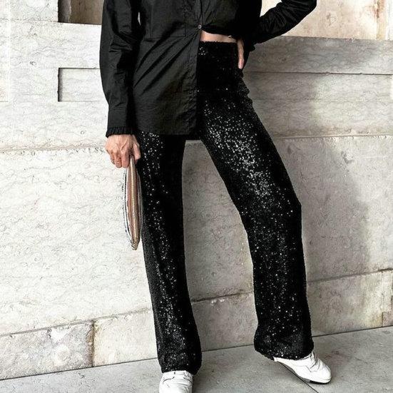 Women Pants Mid-rise Solid Color Sparkling Sequins Casual Trousers Wide Leg Stage Dance Pants Night Club Party Wear
