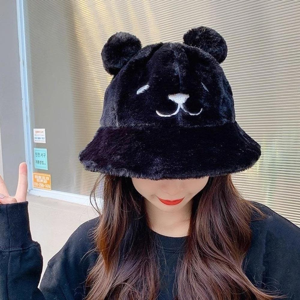 Fashion Cute Bear Ears Fur Bucket Hat Warm Soft Women's Fisherman Hat Thick Basin Hat Clothing Accessories