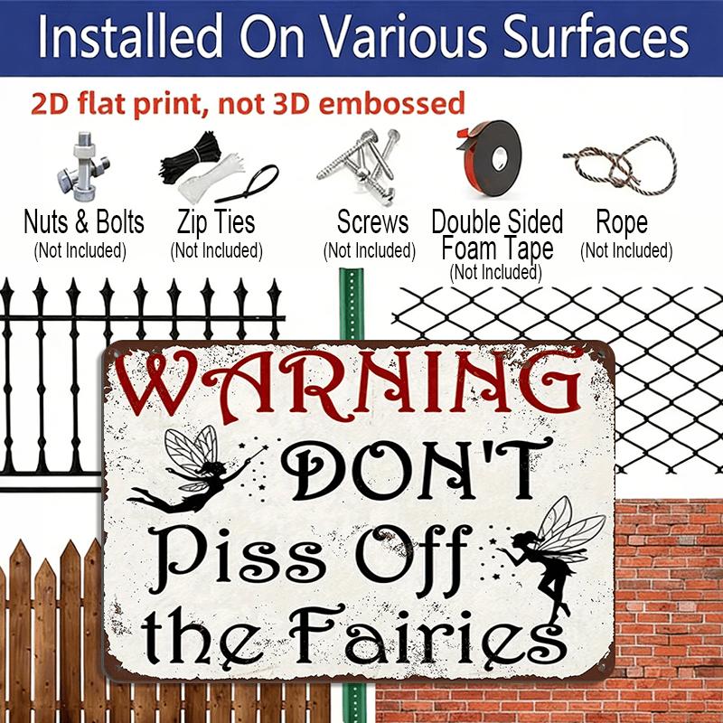 2D Flat 1pc 12"x8" Retro Fairy Warning Aluminium Wall Art - "DON'T Piss Off The Fairies" Quote, Vintage Whimsical Decor, Durable Metal Sign for