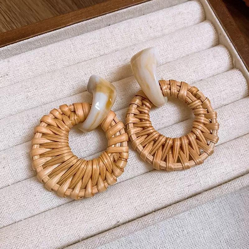 Bohemian Bamboo Rattan Seashell Tassel Earrings for Women