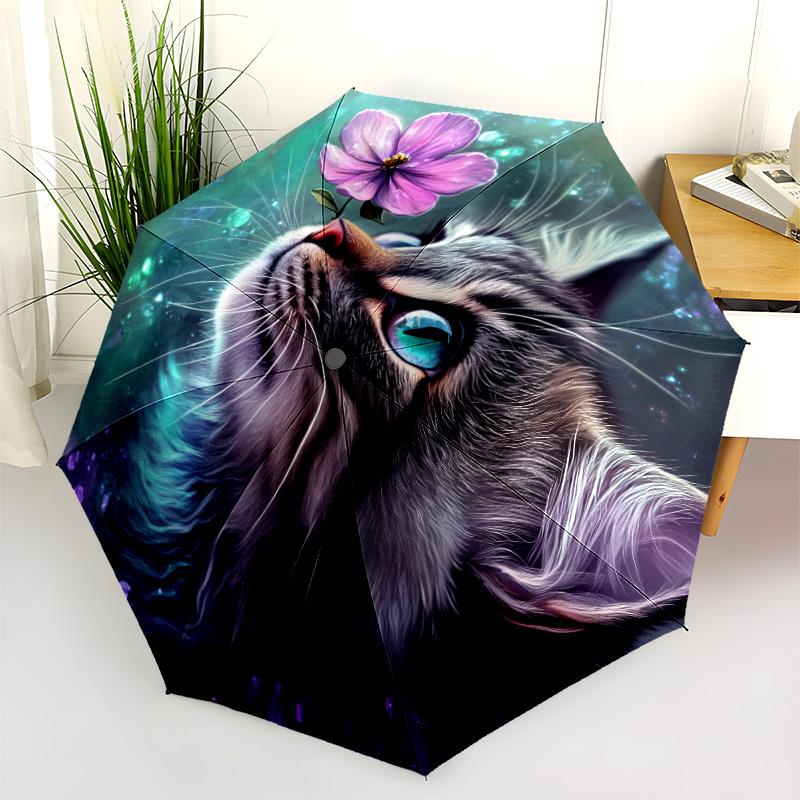 Plant Cat Pattern, Automatic Folding Umbrella, Portable and Foldable Design, 8 Ribs, a Christmas or Birthday Gift.