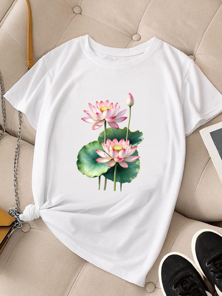 (Asian Size) Women Fashion Tee Top Clothing T Shirt Woman Print watercolor flower trend Female Short Sleeve Graphic T-shirts