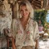 Women Tops 3D Printed Imitation Jacquard V-Neck Short Sleeve Loose Fit Soft Breathable Summer Shirt Daily Wear