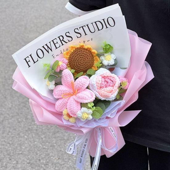 Crochet Flower Bouquet Handmade Knitted Cotton Thread Flowers Artificial Sunflower Wildflower Bouquet for Valentine's Day Anniversary Birthday
