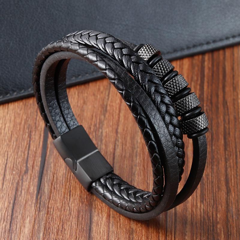 Mode Nieuwe Stijl Handgeweven Meerlaagse Combinatie Accessoire Roestvrij Staal Heren Leren Armband Klassiek Cadeau Grote Uitverkoop
