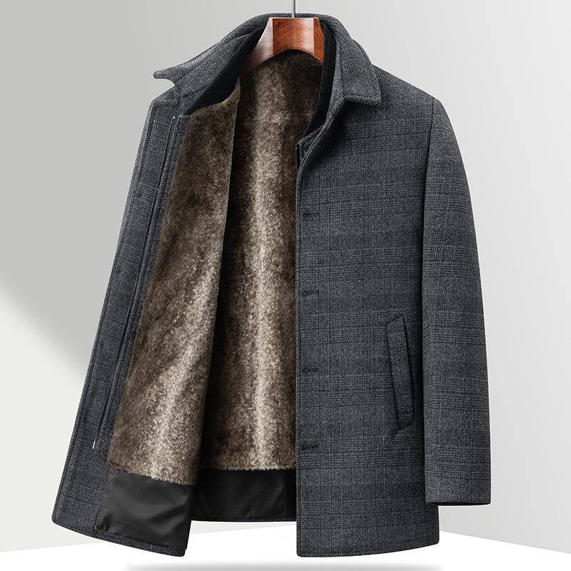 Manteau en laine à carreaux amovible avec velours et doublure épaisse, Manteau d'hiver pour papas d'âge moyen et âgés, Manteau en laine
