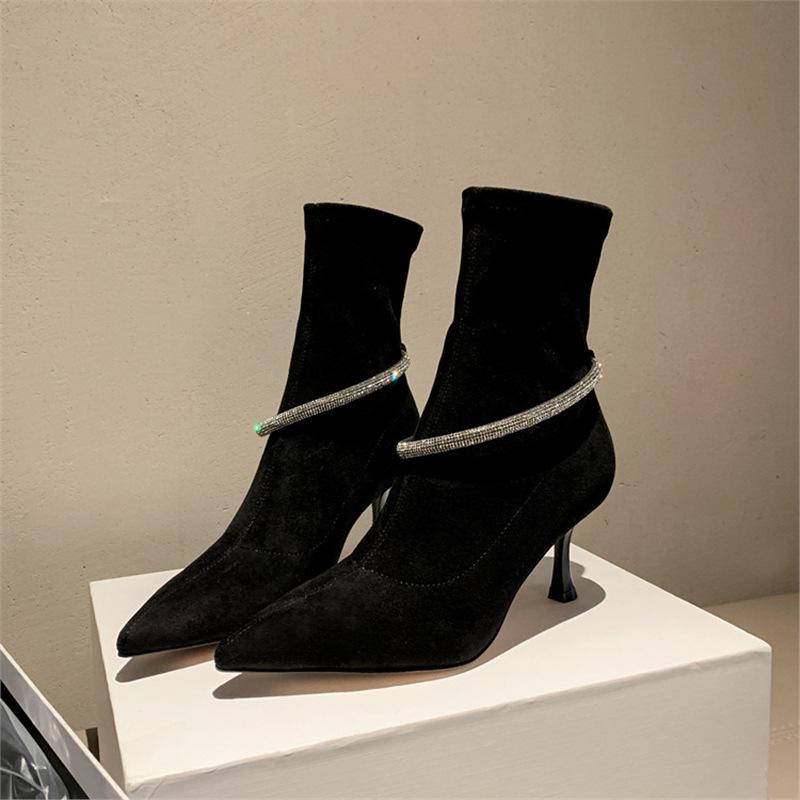 Beautiful CRY~! Huge and thin! Rhinestone buckle pointed head thin high heel short boots thin boots elastic Martin boots single boots