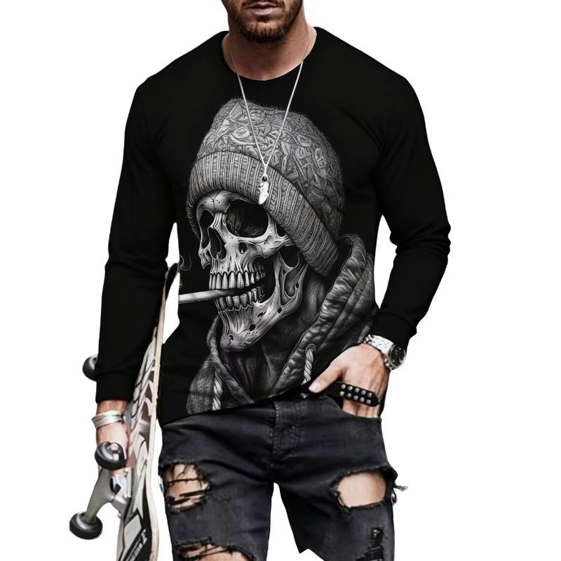 Men's Skull Graphic T-Shirts long Sleeve Skeleton 3D Print Street man t shirt autumn O-Neck Casual Y2k Top oversize Men clothing