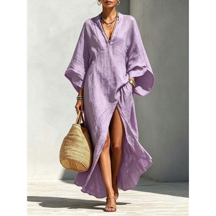 Damen V-Ausschnitt Langarm Maxikleid Hoher Schlitz Lockerer Schnitt Freizeit Einfarbig A-Linien-Kleid