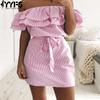Women's Fashion Summer Spring Stripe Print Short Sleeve One Shoulder High Waist Casual Dresses