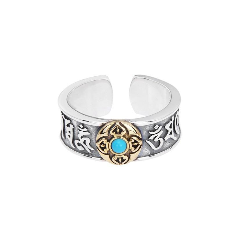 Adjustable Copper Silver-Plated Vintage Turquoise Vajra Ring With Om Mani Padme Hum Engraving Men Women